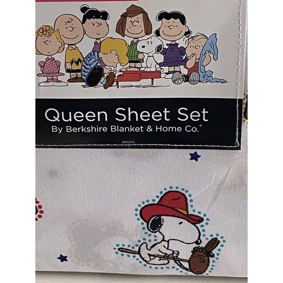 4 Pc PEANUTS Snoopy Cowboy QUEEN Sheet Set By Berkshire Super Soft White NEW - Picture 2 of 12